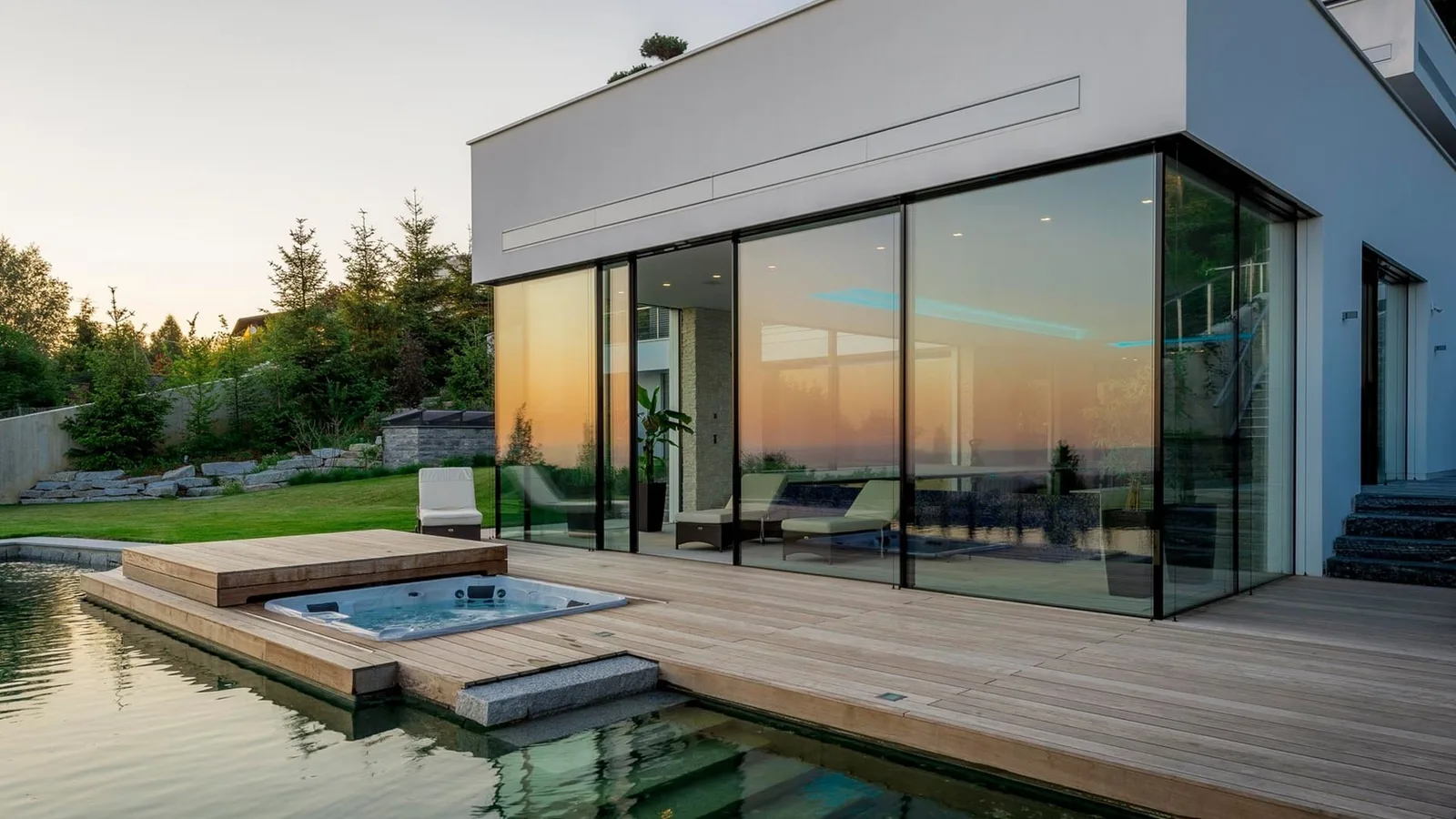 Holzterrasse mit Whirlpool am Wasser vor einem modernen Haus im Abendlicht